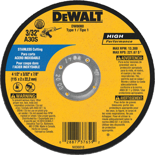 DEWALT HP Type 1 4-1/2 In. x 1/8 In. x 7/8 In. Stainless Cut-Off Wheel