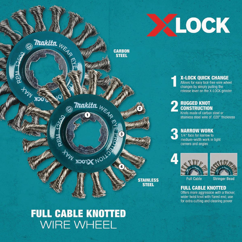 Makita X-LOCK 4-1/2 In. Full Cable Knotted Stainless Steel Angle Grinder Wire Wheel