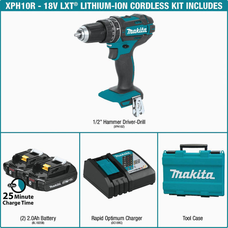 Makita 18-Volt LXT Lithium-Ion 1/2 In. Compact Cordless Hammer Drill Kit