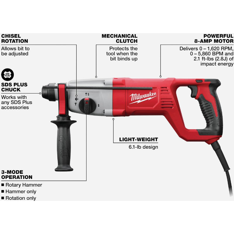 Milwaukee 1 In. SDS-Plus 8.0-Amp Electric Rotary Hammer Drill