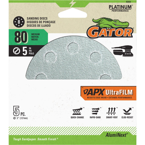 Gator 5 In. 80-Grit 8-Hole Pattern Vented Sanding Disc with Hook & Loop Backing (5-Pack)