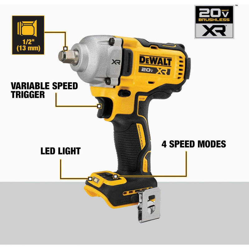 DEWALT 20V MAX XR Brushless 1/2 In. Mid-Range Cordless Impact Wrench with Hog Ring Anvil (Tool Only)