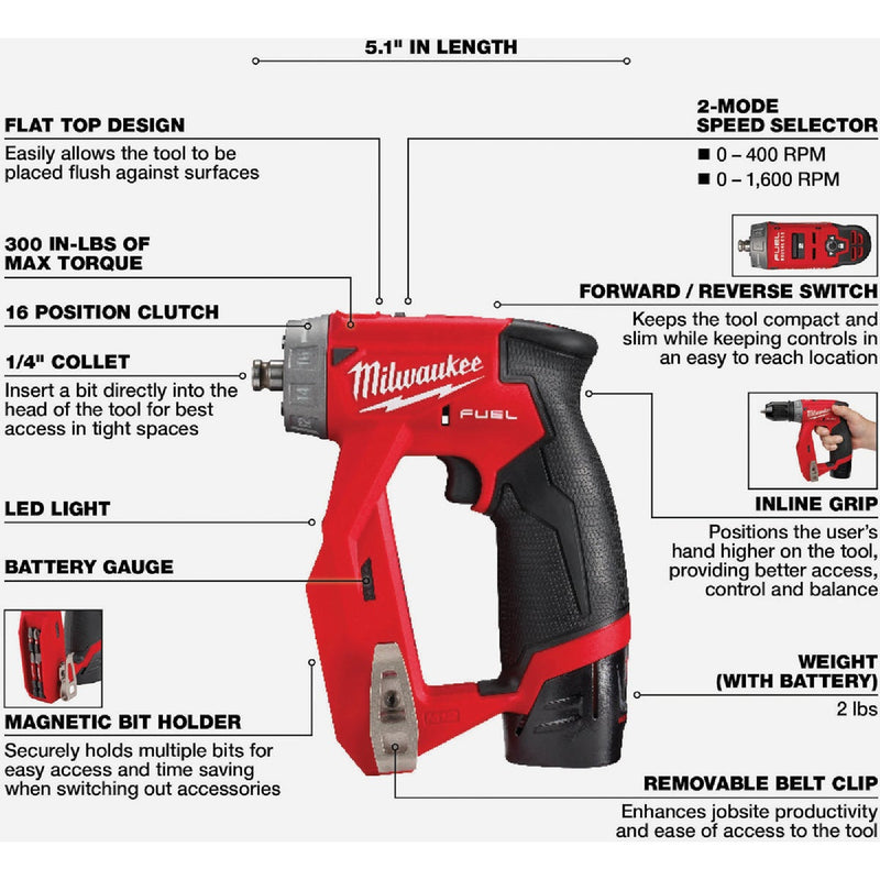 Milwaukee M12 FUEL Brushless 3/8 In. Installation Cordless Drill/Driver Kit with 4-Tool Heads & (2) 2.0 Ah Batteries & Charger