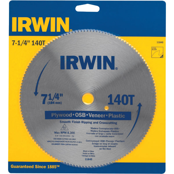 Irwin Steel 7-1/4 In. 140-Tooth Smooth Finish Ripping/Crosscutting Circular Saw Blade