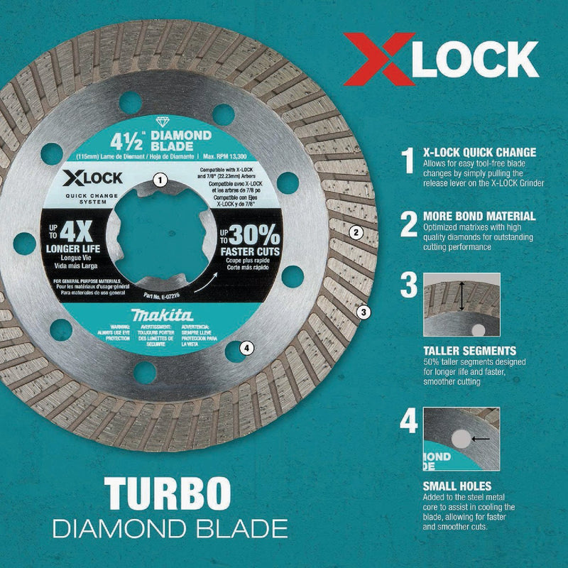 Makita X-LOCK 4-1/2 In. Turbo Rim Dry/Wet Cut Diamond Blade