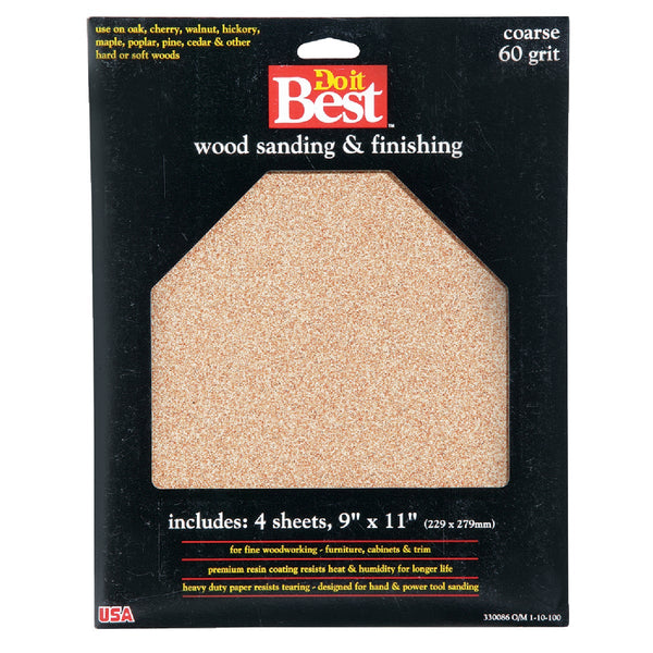 Do it Best Bare Wood 9 In. x 11 In. 60 Grit Coarse Sandpaper (4-Pack)