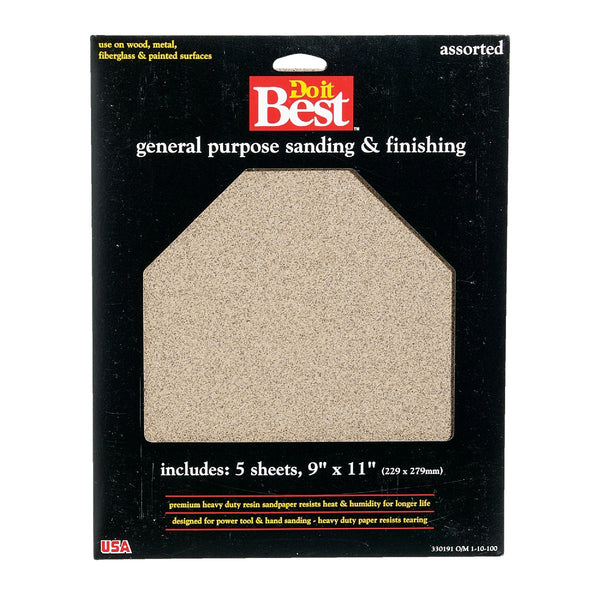 Do it Best General Purpose 9 In. x 11 In. 220/150/100/60 Grit Assorted Grade Sandpaper (5-Pack)