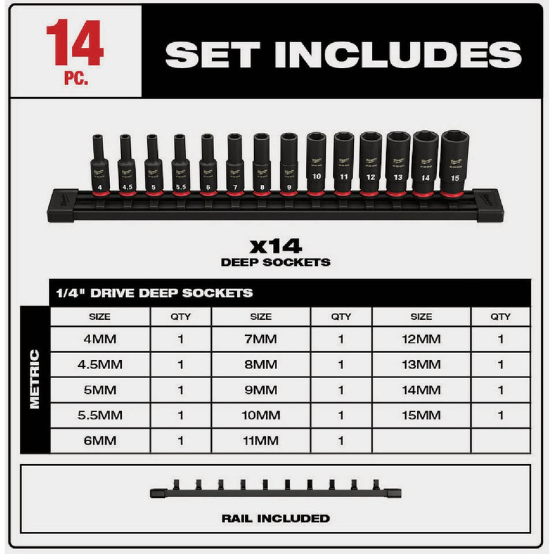 Milwaukee SHOCKWAVE Metric 1/4 In. Drive 6-Point Deep Impact Driver Set (14-Piece)