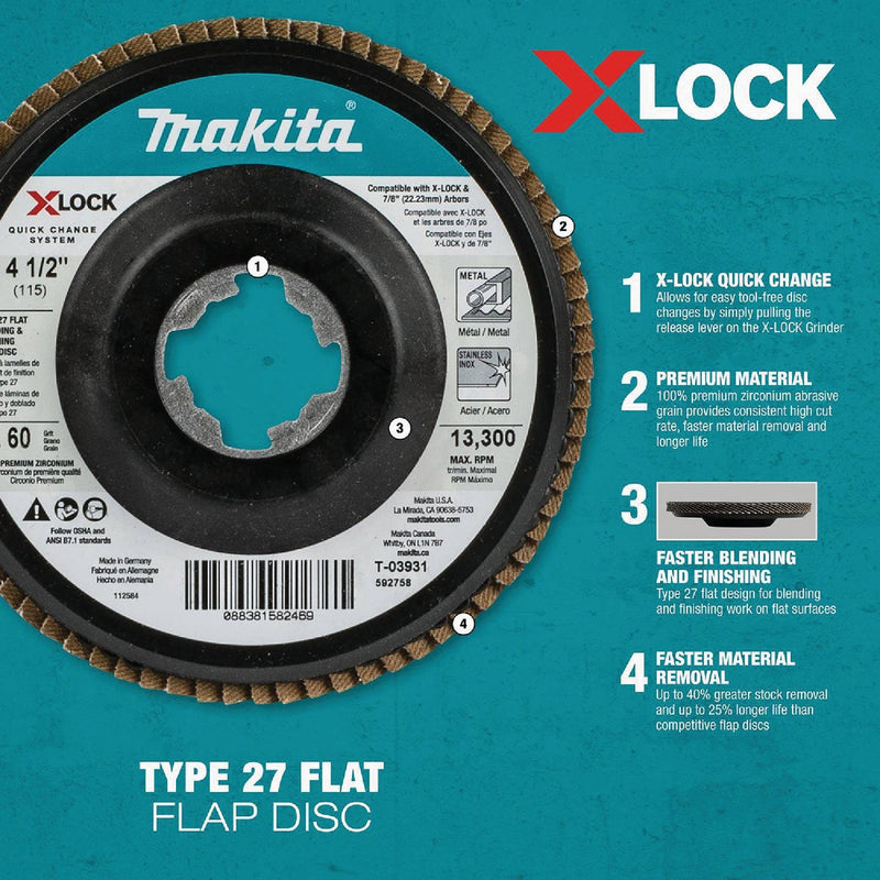 Makita X-LOCK 4-1/2 In. x 7/8 In. 80-Grit Type 27 Zirconia Angle Grinder Flap Disc