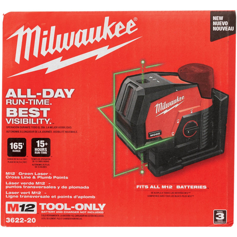 Milwaukee M12 Green Cross Line & Plumb Points Laser (Tool Only)