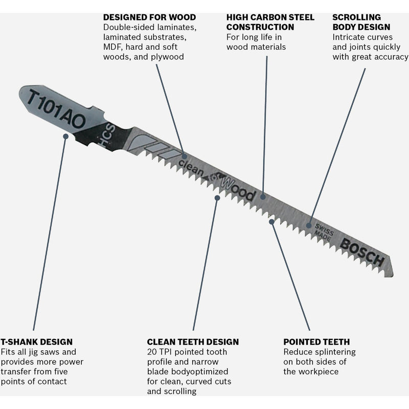 Bosch T-Shank 3-1/4 In. x 20 TPI High Carbon Steel Jig Saw Blade, Clean for Wood (5-Pack)