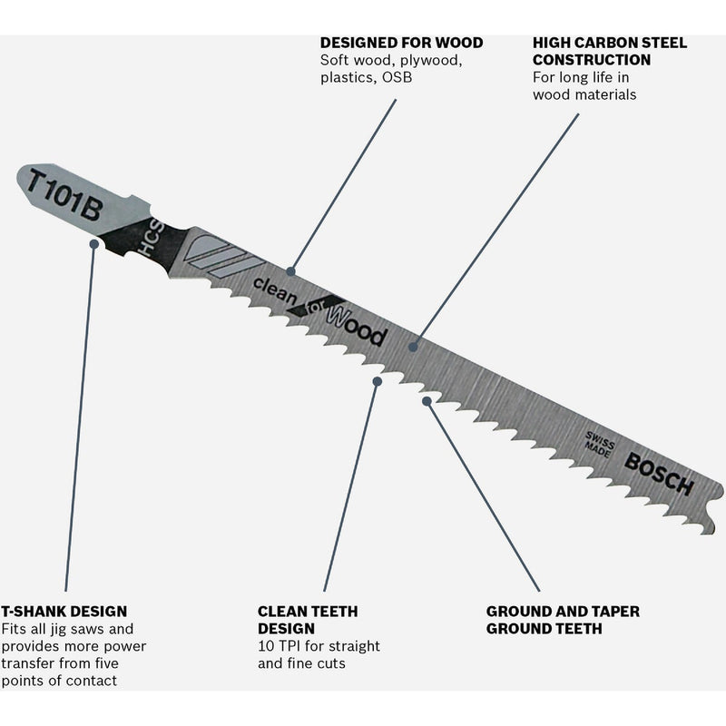 Bosch T-Shank 4 In. x 10 TPI High Carbon Steel Jig Saw Blade, Clean for Wood (5-Pack)