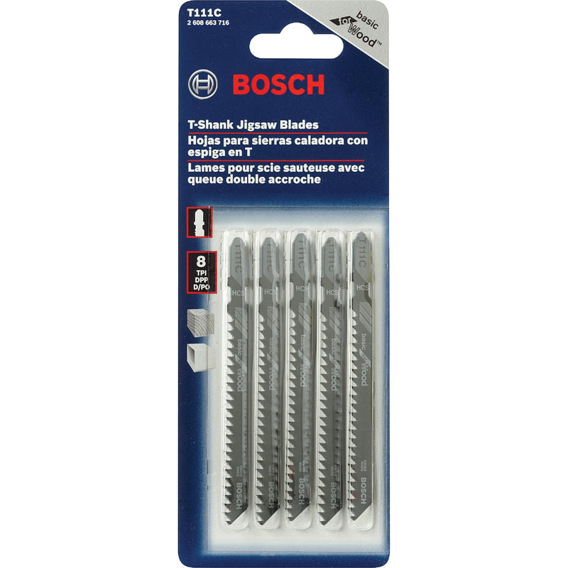 Bosch T-Shank 4 In. x 8 TPI High Carbon Steel Jig Saw Blade, Basic for Wood (5-Pack)