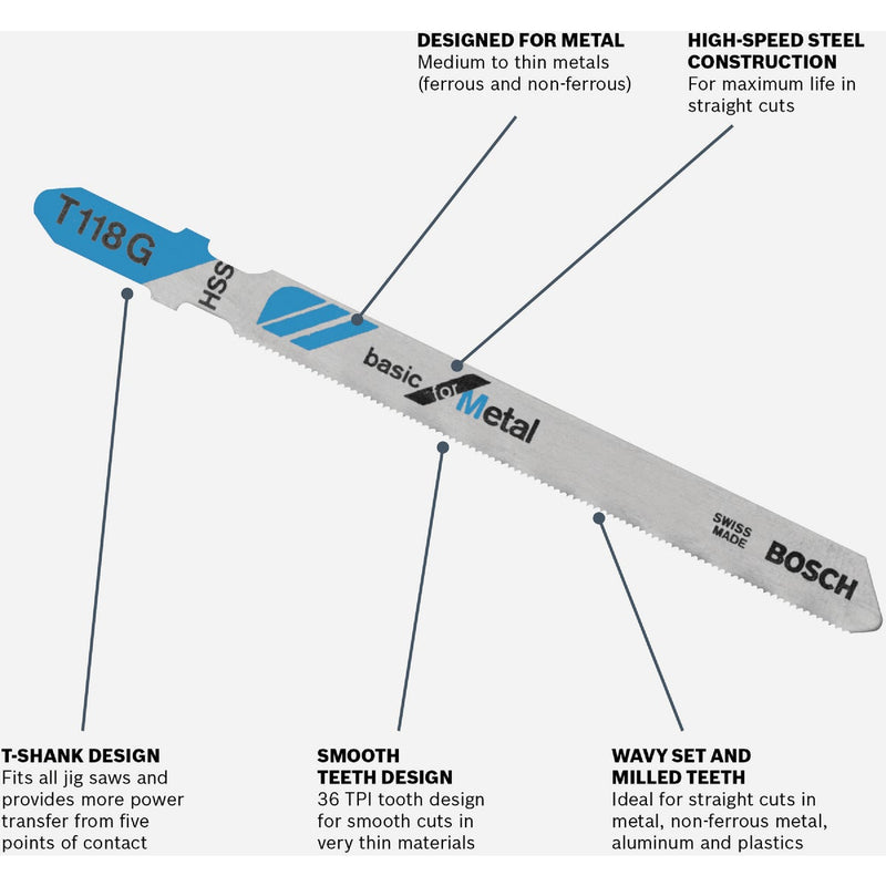Bosch T-Shank 3-5/8 In. x 36 TPI High Speed Steel Jig Saw Blade, Basic for Metal (5-Pack)
