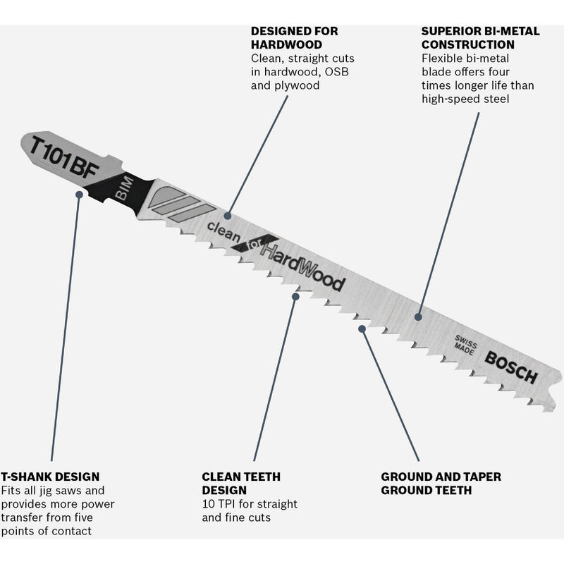 Bosch T-Shank 4 In. x 10 TPI Bi-Metal Jig Saw Blade, Clean for Hardwood (5-Pack)