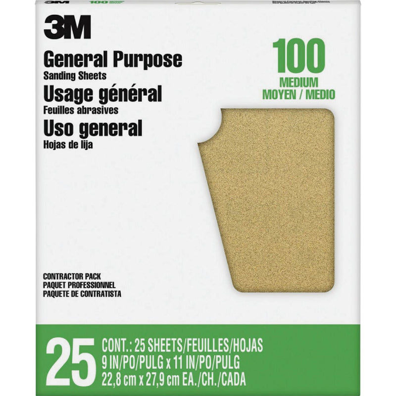 3M General Purpose 9 In. x 11 In. Aluminum Oxide Fine Sandpaper, 100 Grit, (25-Pack)