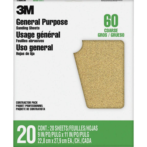3M General Purpose 9 In. x 11 In. Aluminum Oxide Coarse Sandpaper, 60 Grit (20-Pack)