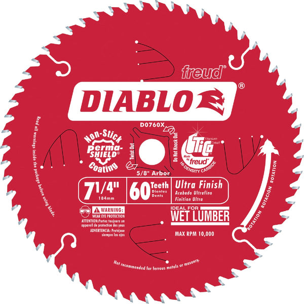 Diablo 7-1/4 In. 60-Tooth Finish/Wet Lumber Circular Saw Blade