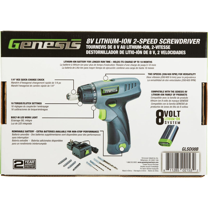 Genesis 8-Volt Lithium-Ion 1/4 In. Hex 2-Speed Cordless Screwdriver Kit