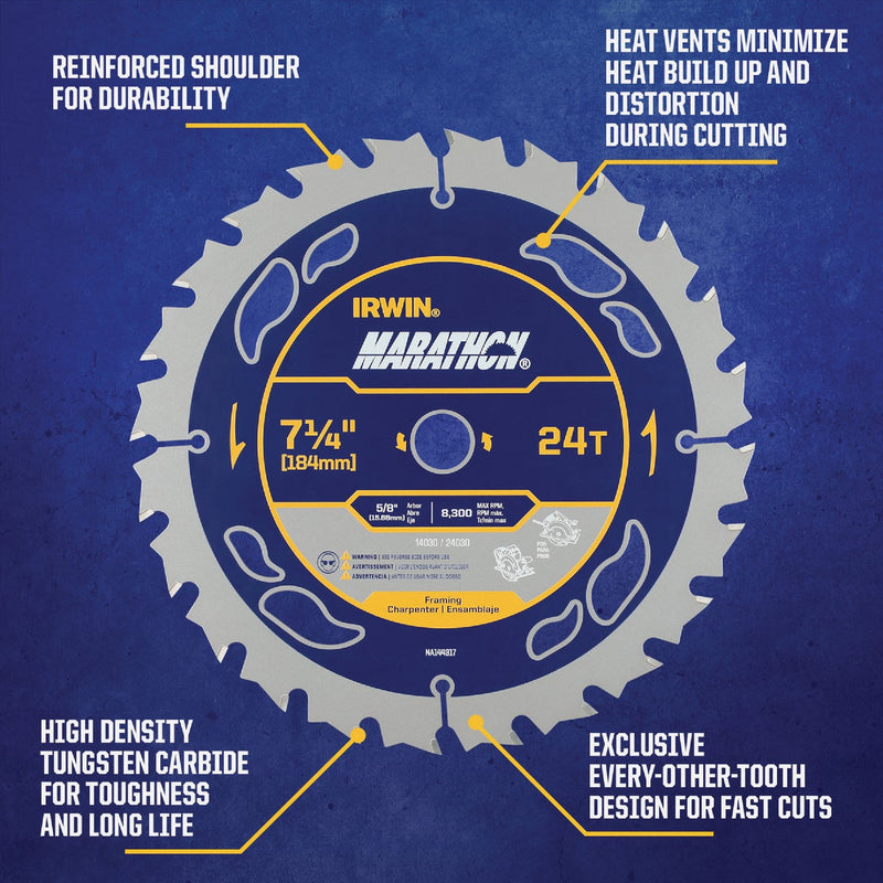 Irwin Marathon 7-1/4 In. 24-Tooth Framing/Ripping Circular Saw Blade