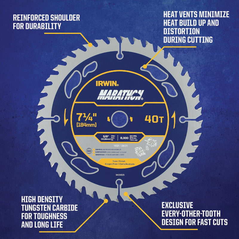 Irwin Marathon 7-1/4 In. 40-Tooth Trim/Finish Circular Saw Blade