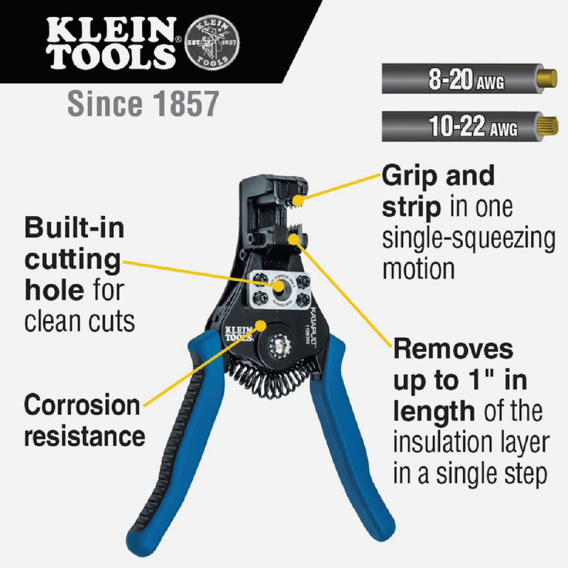 Klein 5 In. W x 6.625 In. L x 1.5 In. D 8 AWG to 22 AWG Cast-Alloy with Heavy-Duty Ecoat Finish Wire Stripper