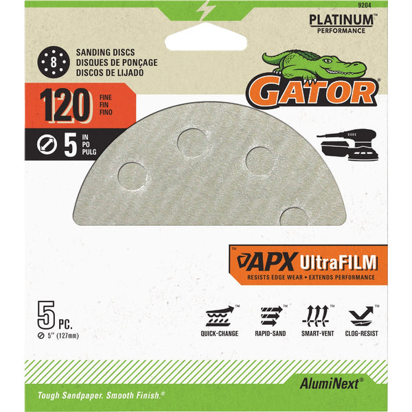 Gator 5 In. 120-Grit 8-Hole Pattern Vented Sanding Disc with Hook & Loop Backing (5-Pack)