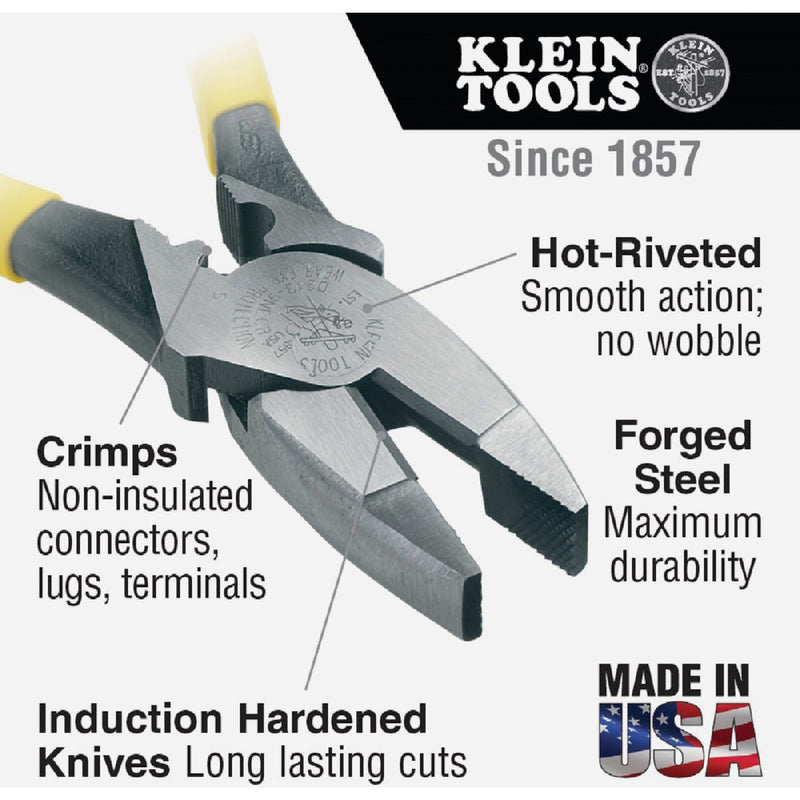 Klein 9 In. Journeyman High-Leverage Linesman Pliers with Crimping Die