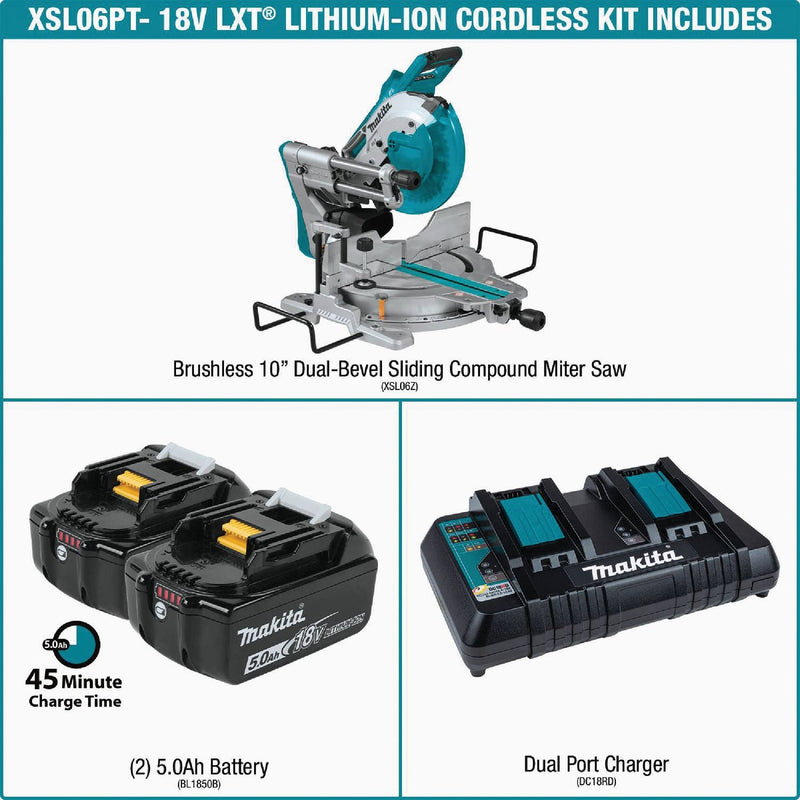 Makita 18 Volt LXT Lithium-Ion Brushless 10 In. Dual-Bevel Sliding Compound Cordless Miter Saw Kit with Laser