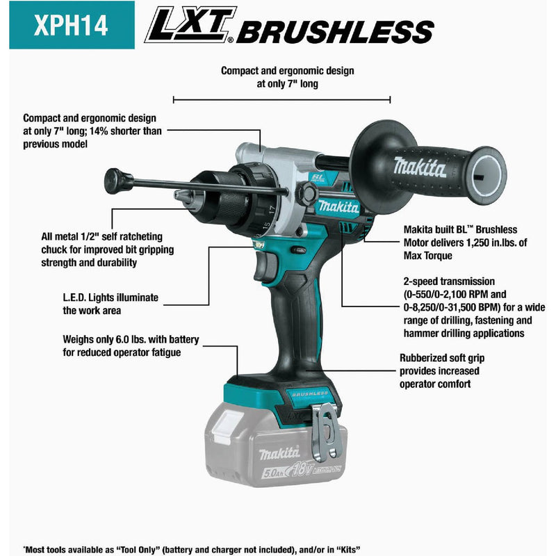 Makita 18-Volt LXT Lithium-Ion 1/2 In. Brushless Cordless Hammer Drill (Tool Only)