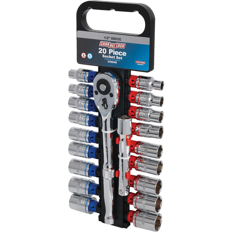 Channellock Standard/Metric 1/2 In. Drive 6-Point Shallow Ratchet & Socket Set (20-Piece)