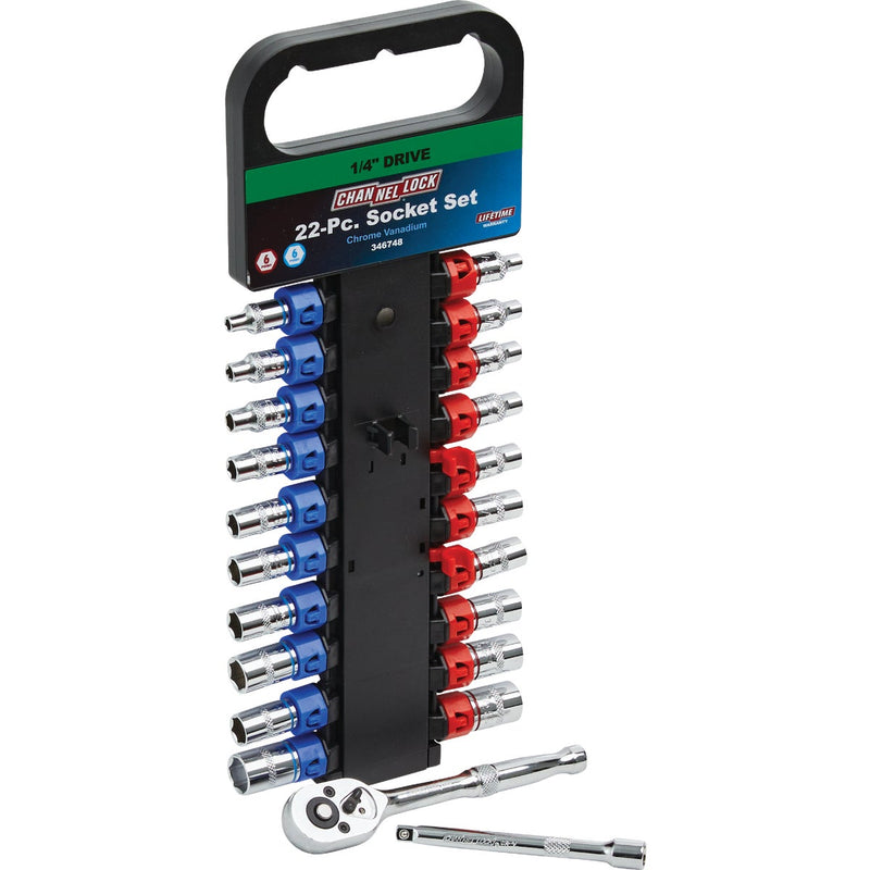 Channellock Standard/Metric 1/4 In. Drive 6-Point Shallow Ratchet & Socket Set (22-Piece)