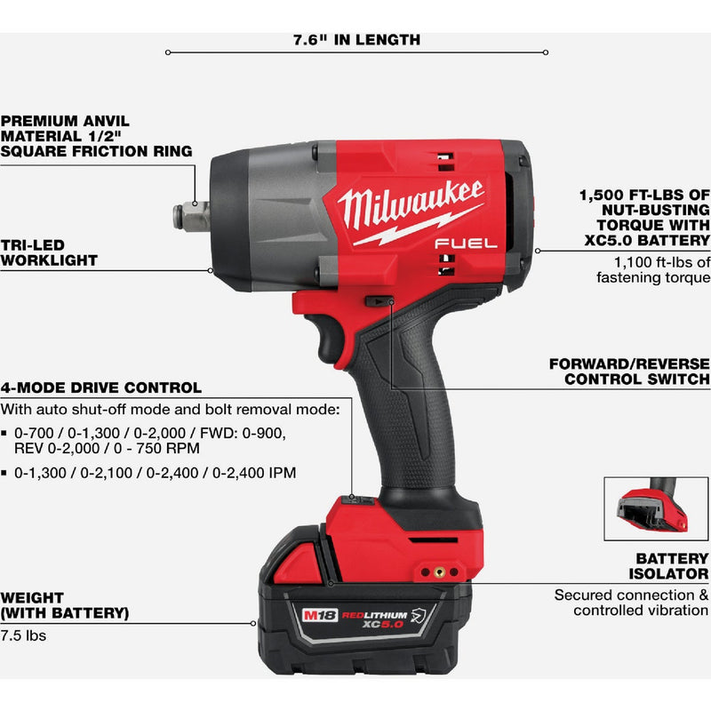 Milwaukee M18 FUEL Brushless 1/2 In. High Torque Cordless Impact Wrench Kit with Friction Ring & 5.0 Ah Resistant Battery & Charger