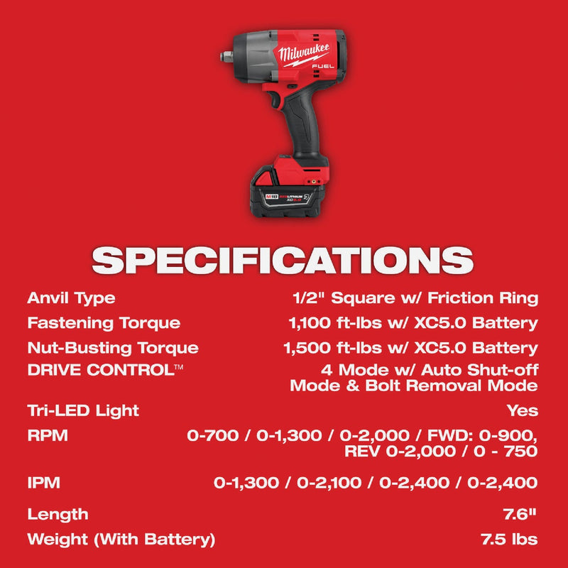 Milwaukee M18 FUEL Brushless 1/2 In. High Torque Cordless Impact Wrench Kit with Friction Ring & 5.0 Ah Resistant Battery & Charger