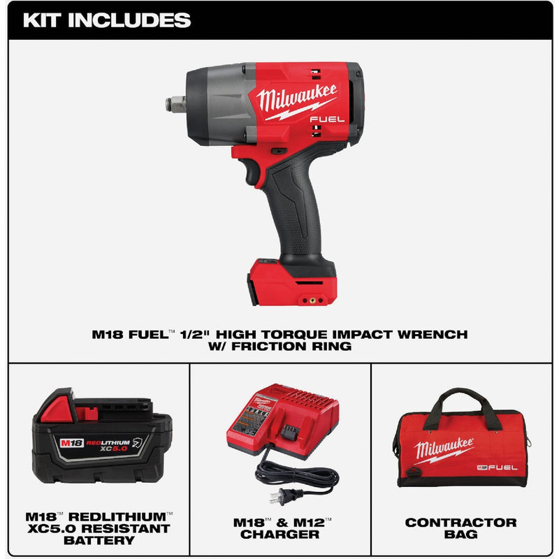 Milwaukee M18 FUEL Brushless 1/2 In. High Torque Cordless Impact Wrench Kit with Friction Ring & 5.0 Ah Resistant Battery & Charger