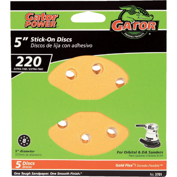 Gator 5 In. 220-Grit 8-Hole Pattern Vented Sanding Disc with Stick-On Backing (5-Pack)