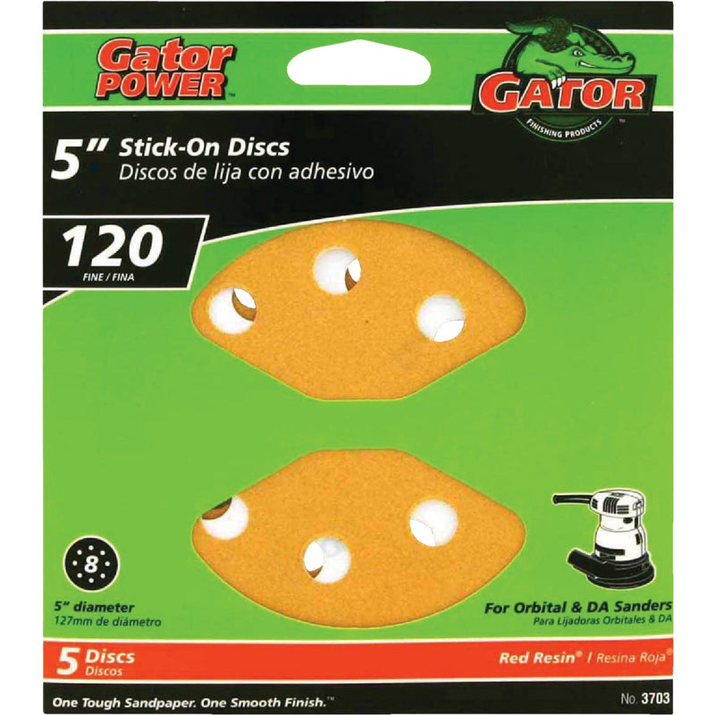 Gator 5 In. 120-Grit 8-Hole Pattern Vented Sanding Disc with Stick-On Backing (5-Pack)