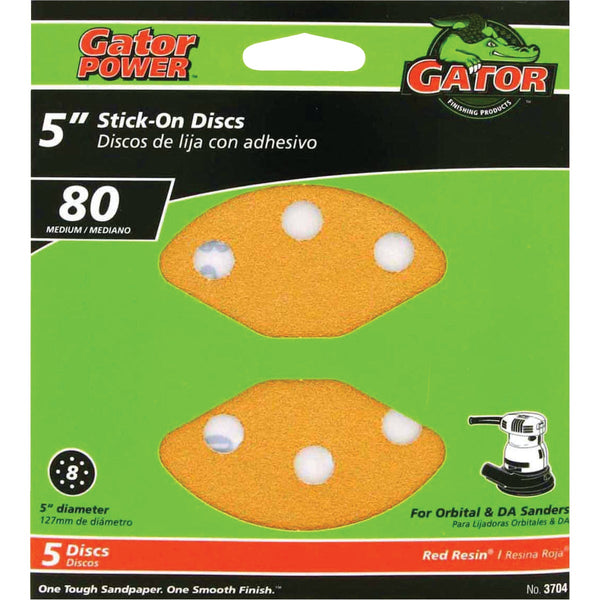 Gator 5 In. 80-Grit 8-Hole Pattern Vented Sanding Disc with Stick-On Backing (5-Pack)