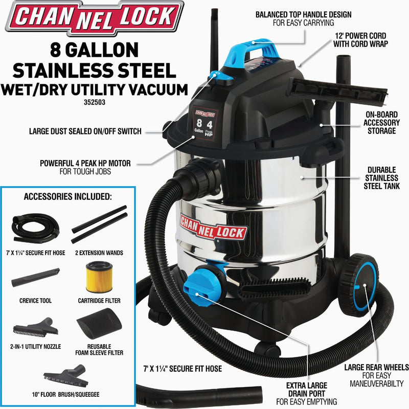 Channellock 8 Gal. 4.0-Peak HP Stainless Steel Wet/Dry Vacuum