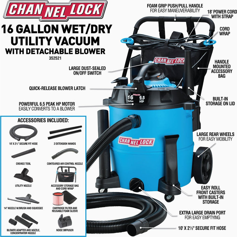 Channellock 16 Gal. 6.5-Peak HP Wet/Dry Vacuum with Blower