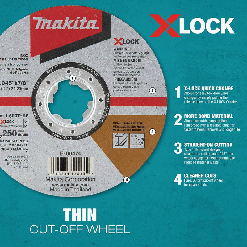 Makita X-LOCK Type 1 5 In. x 0.045 In. x 7/8 In. Metal Thin Cut-Off Wheel