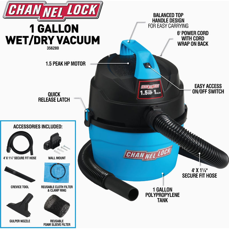 Channellock Micro 1 Gal. 1.5-Peak HP Wet/Dry Vacuum