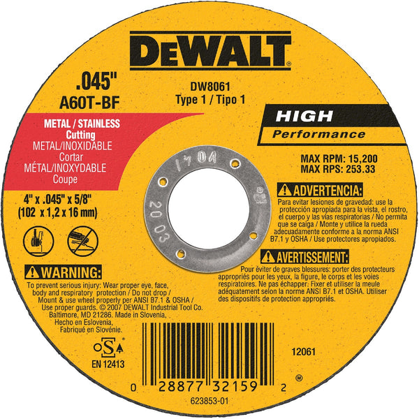 DEWALT HP Type 1 4 In. x 0.045 In. x 5/8 In. Metal/Stainless Cut-Off Wheel