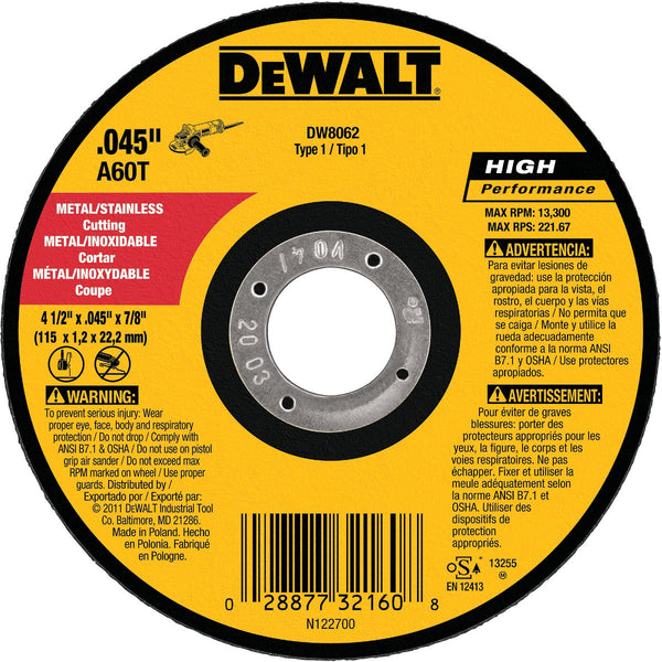 DEWALT HP Type 1 4-1/2 In. x 0.045 In. x 7/8 In. Metal/Stainless Cut-Off Wheel