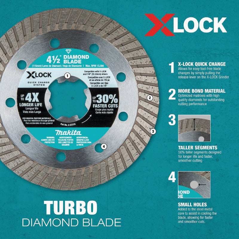 Makita X-LOCK 4-1/2 In. Turbo Rim Dry/Wet Cut Diamond Blade (2-Pack)