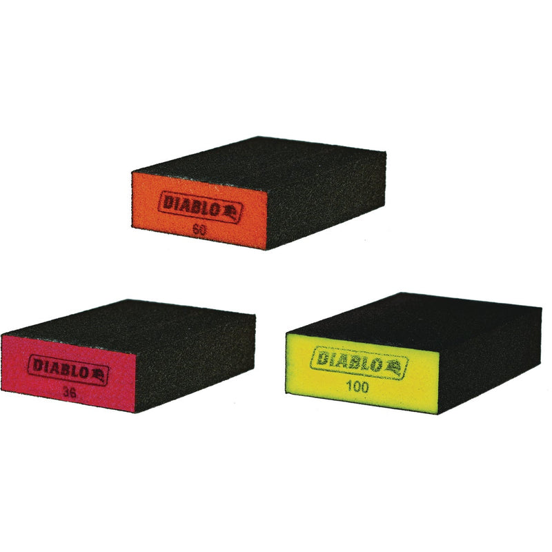 Diablo 2-1/2 In. x 4 In. x 1 In. 36/60/100 Grit Flat Edge Sanding Sponge Assortment (3-Pack)