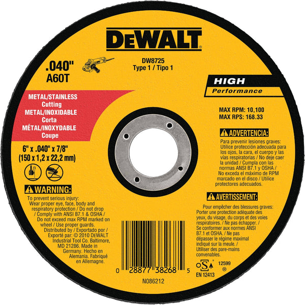 DEWALT HP Type 1 6 In. x 0.045 In. x 7/8 In. Metal/Stainless Cut-Off Wheel