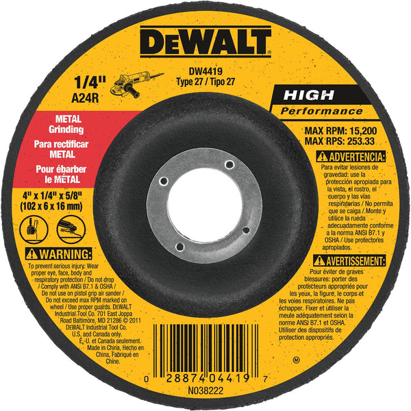 DEWALT HP Type 27 4 In. x 1/4 In. x 5/8 In. Metal Grinding Cut-Off Wheel