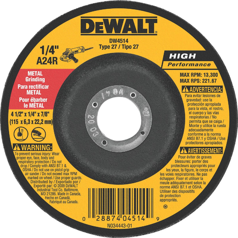 DEWALT HP Type 27 4-1 In. x 1/4 In. x 7/8 In. Metal/Stainless Grinding Cut-Off Wheel