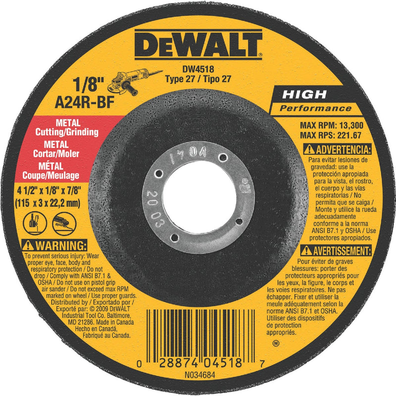 DEWALT HP Type 27 4-1 In. x 1/8 In. x 7/8 In. Metal Grinding Cut-Off Wheel